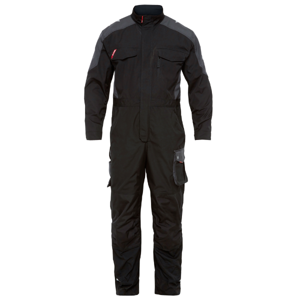 Front view of the Engel Galaxy Boiler Suit 4810 in black and anthracite grey showing chest pockets and front zipper panel.