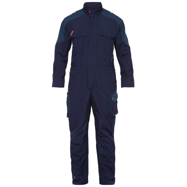 Front view of the Engel Galaxy Boiler Suit 4810 in blue ink and petrol showing chest pockets and front zipper panel.