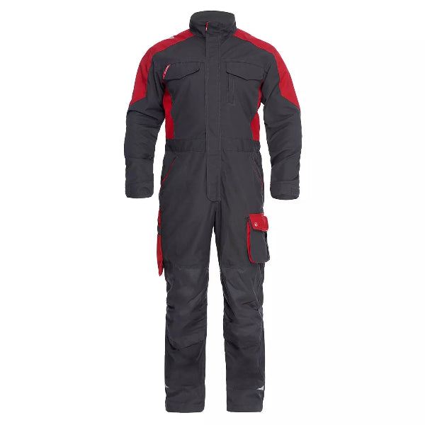 Front view of the Engel Galaxy Boiler Suit 4810 in grey and red showing chest pockets, front zipper panel and knee reinforcement.