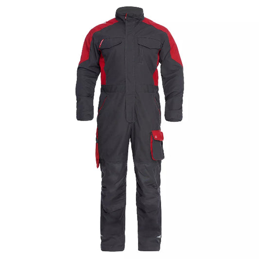 Front view of the Engel Galaxy Boiler Suit 4810 in grey and red showing chest pockets, front zipper panel and knee reinforcement.