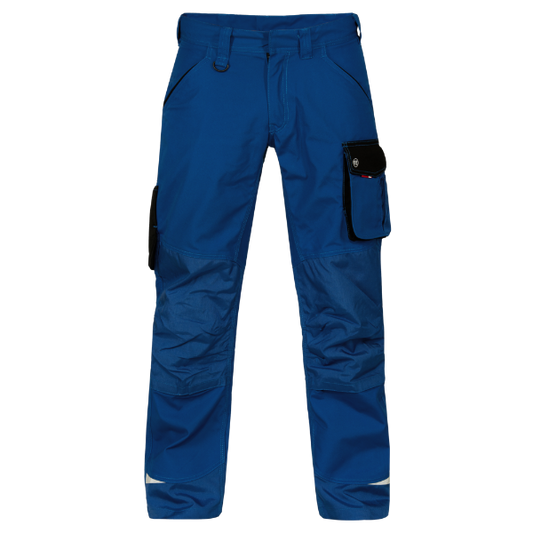 Front view of the Engel Galaxy Work Trousers 2810-254 in surfer blue and black showing multi-pocket layout and CORDURA knee reinforcement.