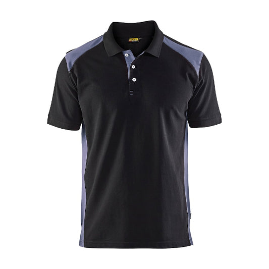 A black and grey striped polo shirt with a ribbed collar and short sleeves.