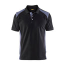 A black and grey striped polo shirt with a ribbed collar and short sleeves.