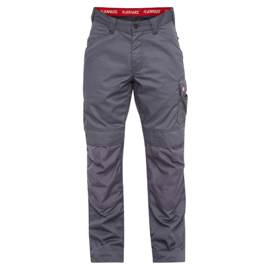A pair of grey Engel combat trousers with multiple pockets and reinforced knee areas.