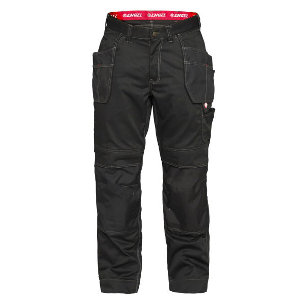 A pair of black Engel combat trousers with multiple tool pockets and reinforced knees, designed for workwear.