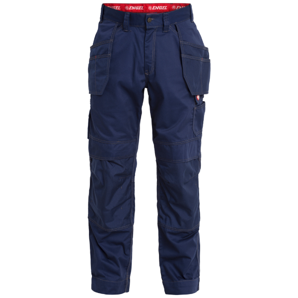 A pair of navy blue Engel work trousers with multiple tool pockets and reinforced knees, displayed against a white background.