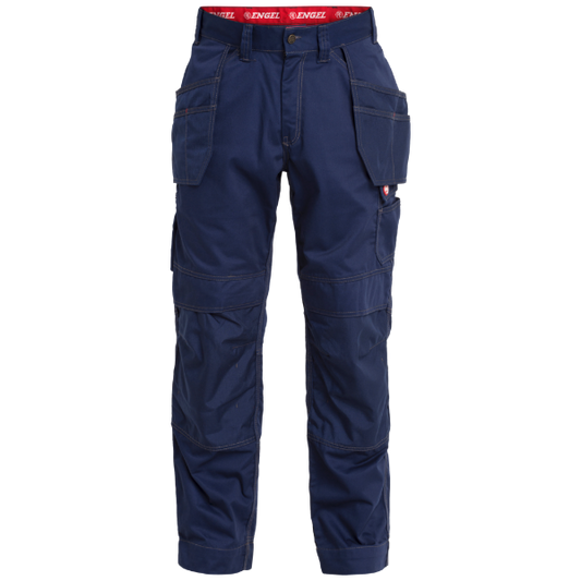 A pair of navy blue Engel work trousers with multiple tool pockets and reinforced knees, displayed against a white background.