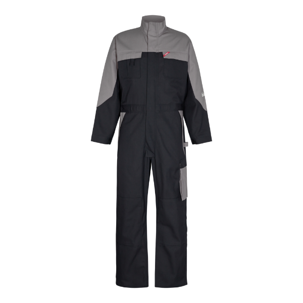 A boiler suit with gray upper and black lower legs, featuring multiple pockets and a double-breasted button closure.