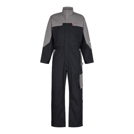 A boiler suit with gray upper and black lower legs, featuring multiple pockets and a double-breasted button closure.
