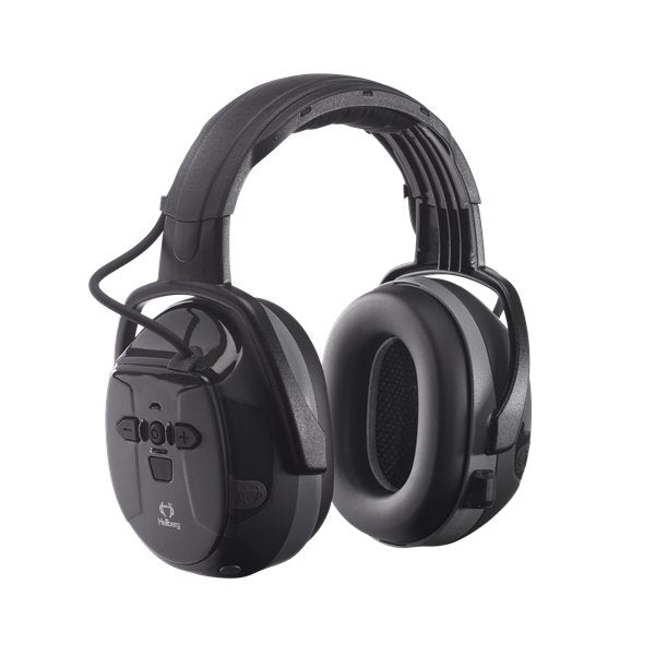 Hellberg Xstream Headband Bluetooth hearing protection device with a built-in microphone and volume control buttons.
