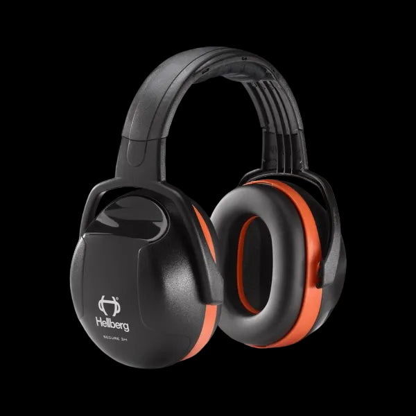 A pair of black and orange Secure headband earmuffs designed for noise protection.