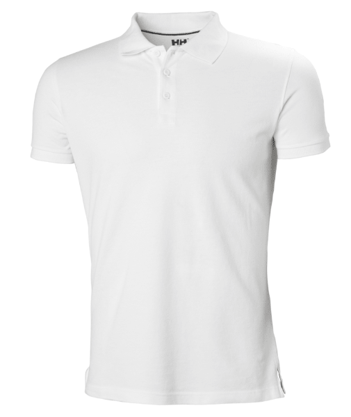 Helly Hansen Crew Organic Cotton Polo 34004 in white, front view showing the ribbed collar, buttoned placket, and embroidered HH logo on the sleeve.
