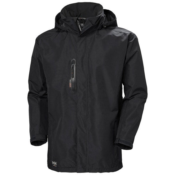 Front view of the Helly Hansen Manchester Shell Coat 71045 in black, showing the detachable hood, YKK front zipper with storm flap and zippered chest pockets.