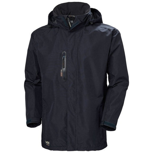 Front view of the Helly Hansen Manchester Shell Coat 71045 in navy, showing the adjustable cuffs and seamless shoulder construction.
