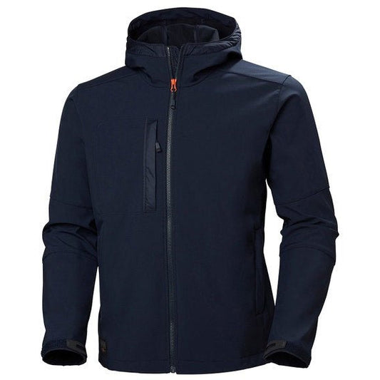 Helly Hansen Kensington Hood Softshell Jacket 74230 in navy, front view showing the fleece-lined collar and zipped chest pocket