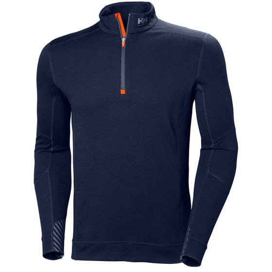 Helly Hansen Merino Half Zip 75107 in navy, front view showing the YKK half zip and chin protector