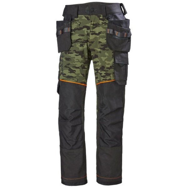 Helly Hansen Chelsea Evolution Work Trousers 77441 in camouflage, front view showing the knee pad pocket placement