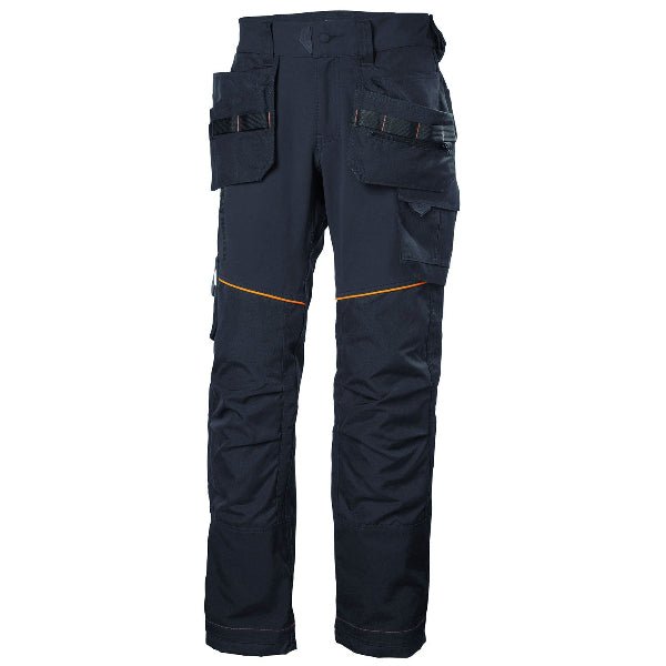 Helly Hansen Chelsea Evolution Work Trousers 77441 in navy, front view showing the thigh pocket and Cordura reinforced knees