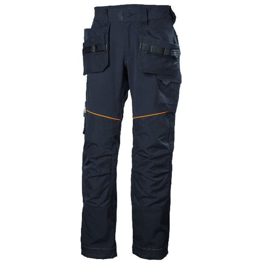 Helly Hansen Chelsea Evolution Work Trousers 77441 in navy, front view showing the thigh pocket and Cordura reinforced knees