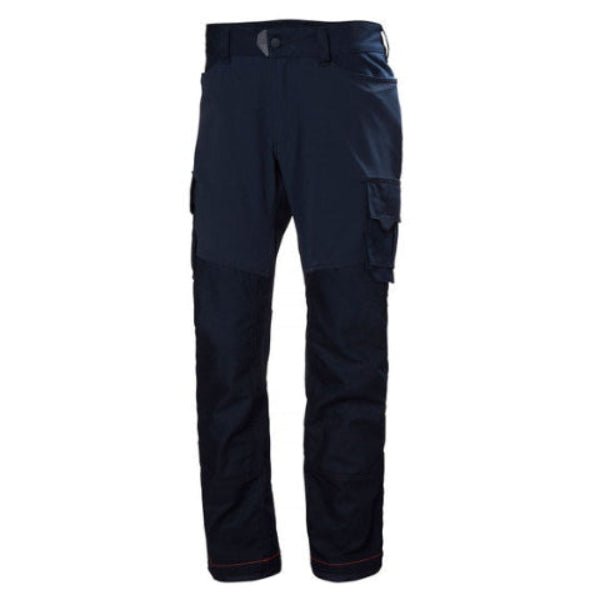 Helly Hansen Chelsea Evolution Work Trousers 77445 in navy, front view showing the cargo-style pockets