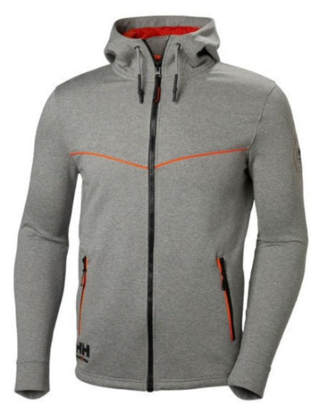 Helly Hansen Chelsea Evolution Zip Hoodie 79197 in grey melange, front view showing the mesh-lined hood and YKK front zipper