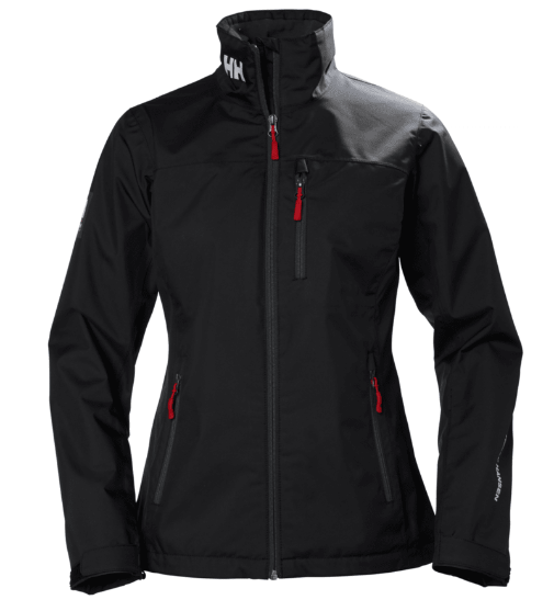 Helly Hansen Waterproof Midlayer Jacket 34449 in black, front profile view showing the high collar, dual zippered hand pockets, adjustable cuffs, and tailored midlayer fit. Women's Fit.