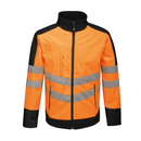 A high visibility orange and black softshell jacket with reflective stripes, multiple pockets, and adjustable shockcord hem.