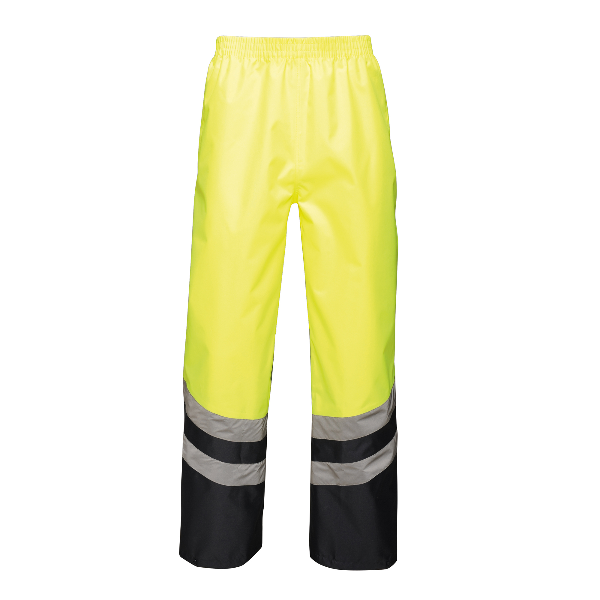 High-visibility yellow and black rain pants on a white background.