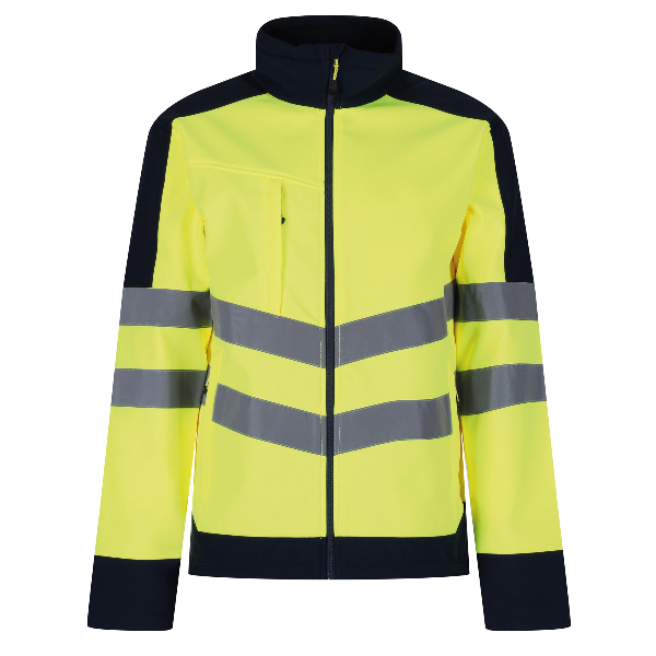 A high visibility yellow and black softshell jacket with reflective stripes, multiple pockets, and adjustable shockcord hem.