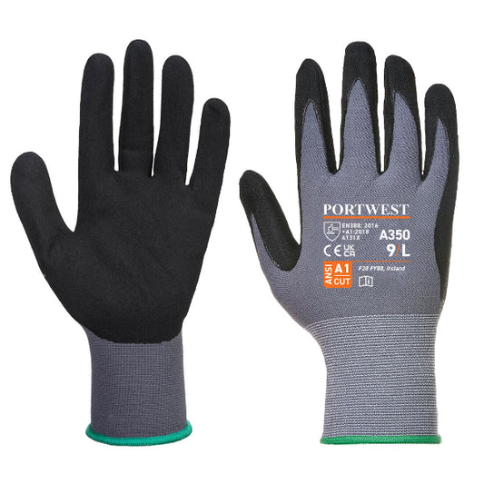 Portwest DermiFlex Nitrile Grip Glove A350 in black, front view on a white background, showing the nitrile foam coated palm and knitted liner.