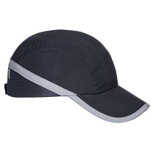 Portwest Long Peak Bump Cap PW79 in navy, front view on a white background, showing the long peak and adjustable headband.