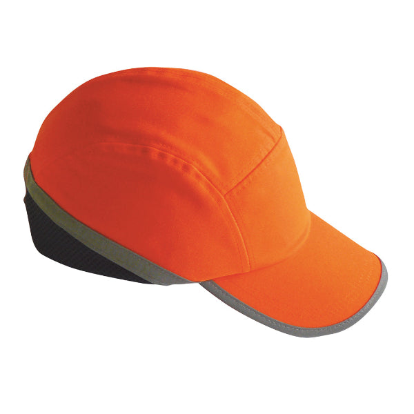 Portwest Long Peak Bump Cap PW79 in hi-vis orange, front view on a white background, highlighting the ventilated mesh back panel.