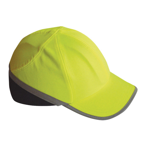 Portwest Long Peak Bump Cap PW79 in hi-vis yellow, front view on a white background, showing the shock-absorbing shell and long peak.