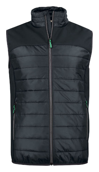 Front view of the Printer Expedition Padded Gilet 2261063 in black showing padded body panels, softshell side panels and full-zip front.