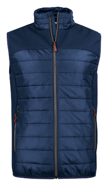 Front view of the Printer Expedition Padded Gilet 2261063 in navy showing padded body panels, softshell side panels and full-zip front.