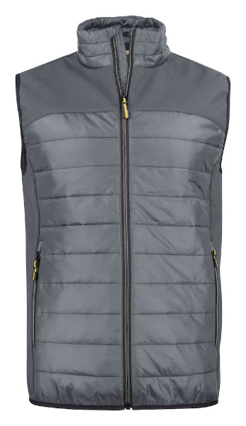 Front view of the Printer Expedition Padded Gilet 2261063 in steel grey showing padded insulation and softshell hybrid construction.