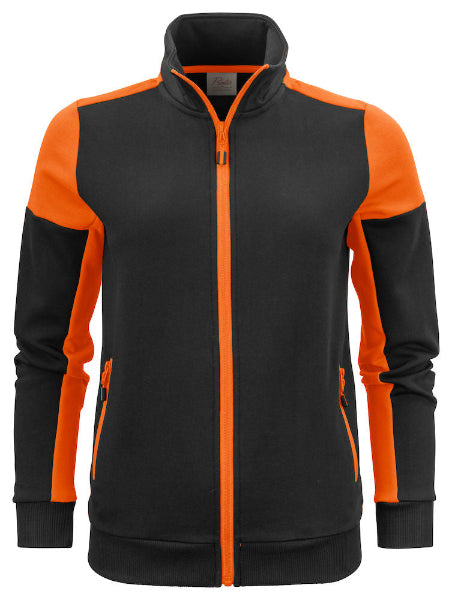 Front view of the Printer Prime Ladies Full Zip Sweatshirt 2262062 in black and orange showing the full-length zip, ribbed cuffs and ladies workwear fit.