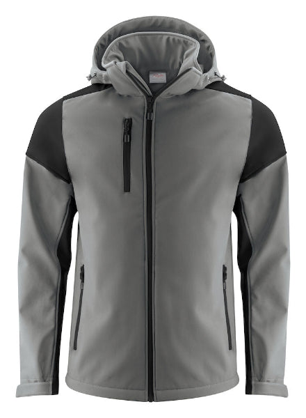 Front view of the Printer 2261065 softshell jacket in anthracite and black showing the contrast zip pocket detailing and adjustable hem.