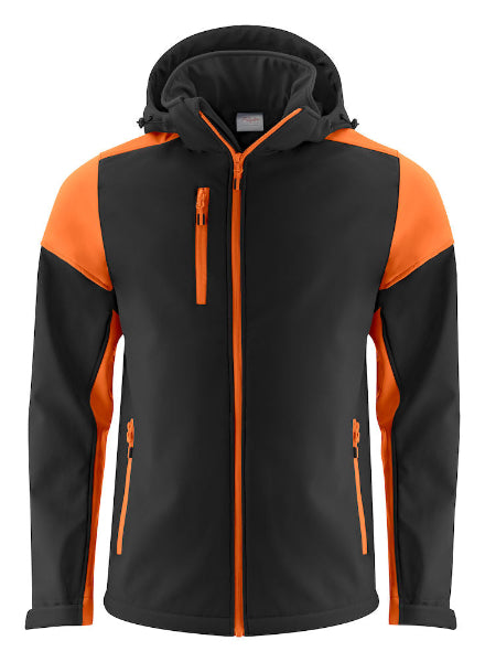 Front view of the Printer Prime Softshell Jacket 2261065 in black and orange showing the contrast zip, detachable hood and bicolour design.