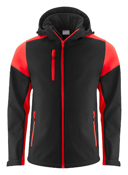 Front view of the Printer Prime Softshell Jacket in black and red showing the full-zip front, adjustable cuffs and bicolour softshell construction.