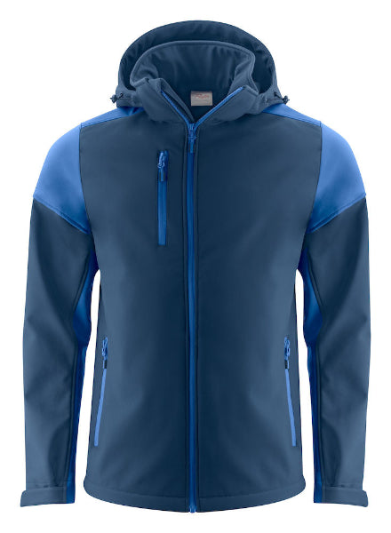 Front view of the Printer Prime Softshell Jacket 2261065 in navy and cobalt showing the contrast zip detailing and detachable hood.