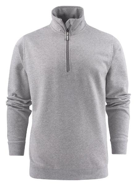 Front view of the Printer Rounders sweatshirt 2262053 in grey melange showing the brushed inner half zip construction.