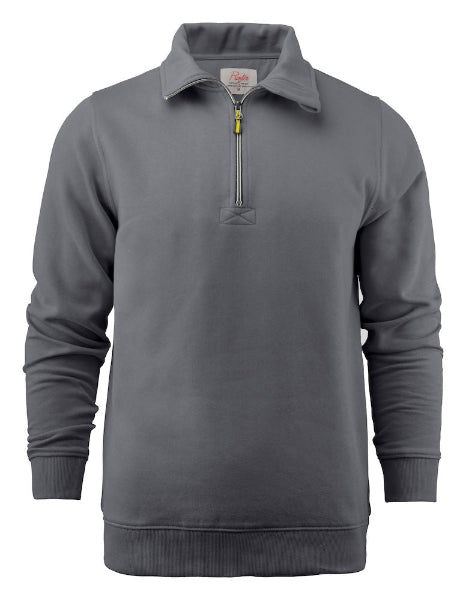 Front view of the Printer Rounders Half Zip Sweatshirt in steel grey showing the half zip design and relaxed workwear fit.