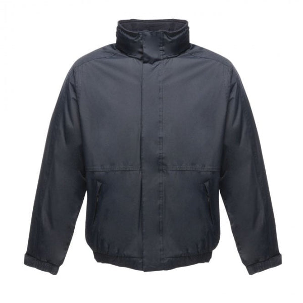 Front view of the Regatta Dover Jacket TRW297 in navy with concealed hood, stormflap and zipped pockets.
