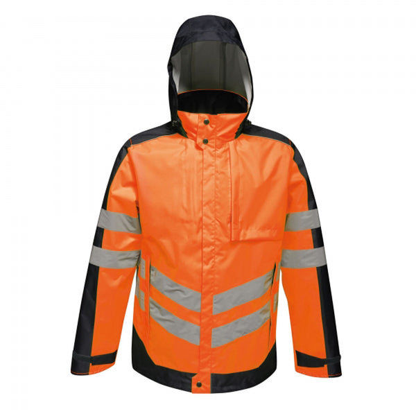 Front view of the Regatta Hi-Vis Insulated Jacket TRA341 in orange showing angled chevrons, zipped pockets and concealed hood.