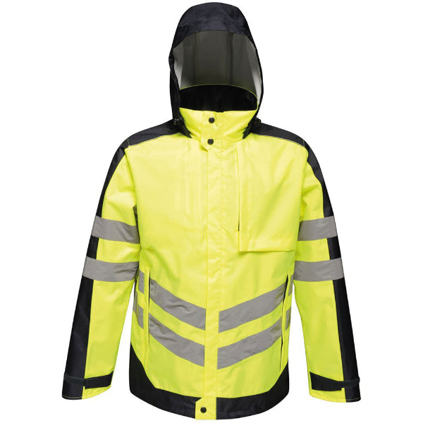 Front view of the Regatta Hi-Vis Insulated Jacket TRA341 in yellow showing angled chevrons, zipped pockets and concealed hood.