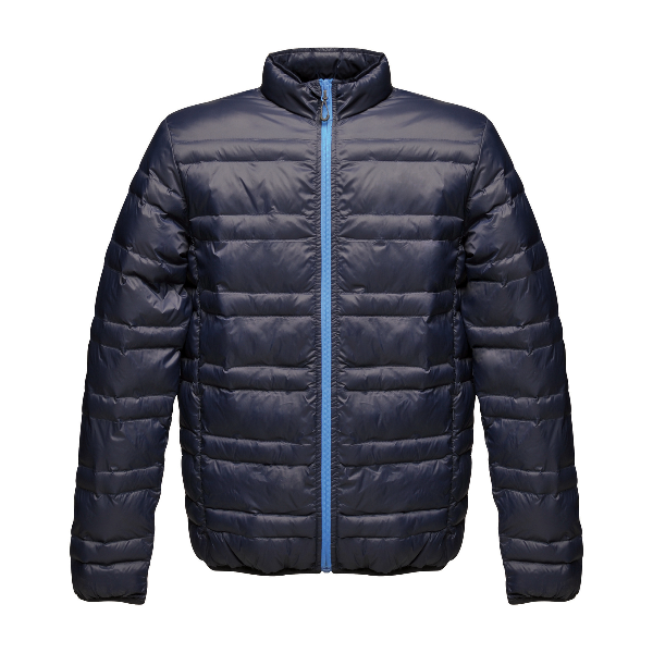 Front view of the Regatta Firedown Jacket TRA496 in navy with French blue zip, showing Warmloft insulation, stretch cuffs and zipped pockets.