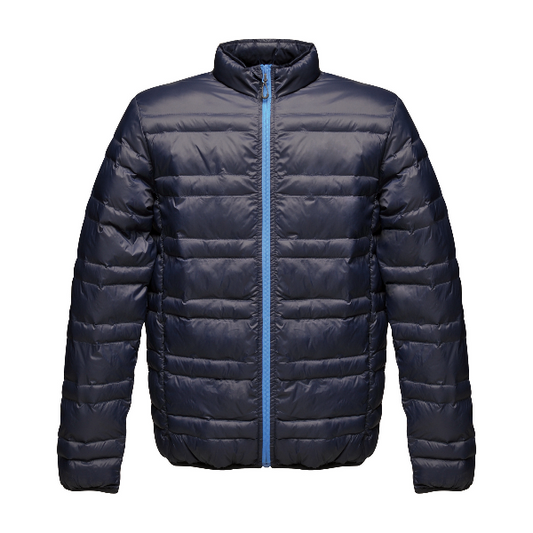Front view of the Regatta Firedown Jacket TRA496 in navy with French blue zip, showing Warmloft insulation, stretch cuffs and zipped pockets.