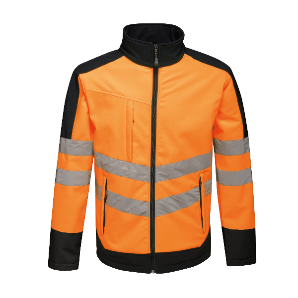 Front view of the Regatta Hi-Vis Softshell Jacket TRA625 in hi-vis orange showing RIS/3279/TOM certified construction, reflective chevrons and wind resistant softshell design.