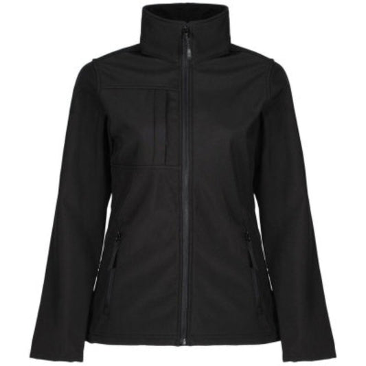 Front view of the Regatta TRA689 women’s Octagon II softshell jacket in black, featuring wind resistant fabric, a full front zip and a shaped workwear fit, on a white background.